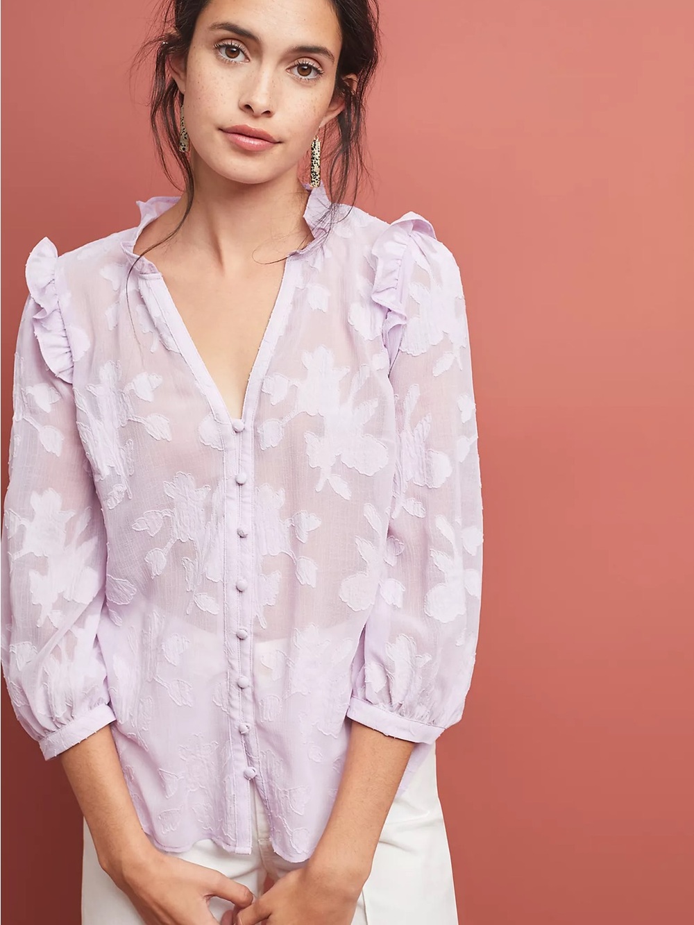 Anthropologie Maeve Mallory Lace Blouse Lilac Purple Ruffle Top S - Picture 2 of 11